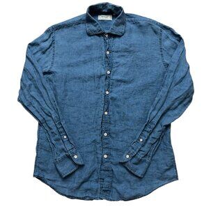 Boggi Milano Shirt Mens Size L Long Sleeve Button 100% Linen Custom Fit Blue